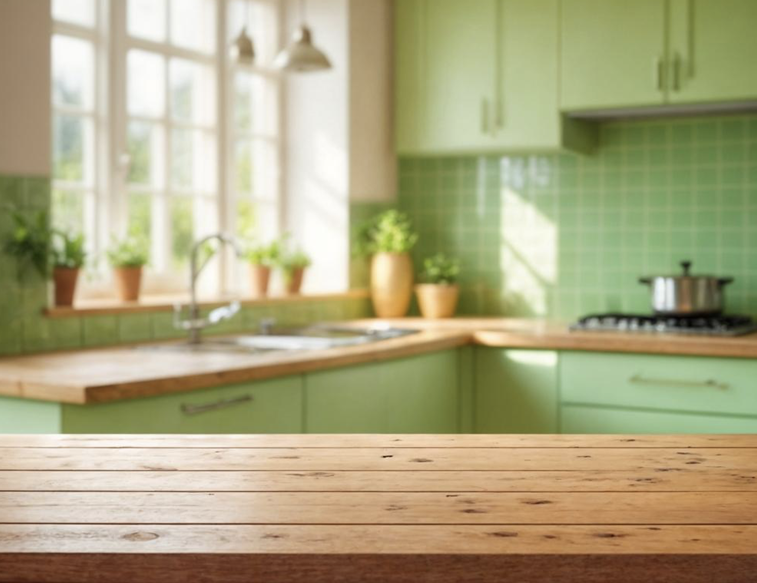 Wooden kitchen table in a bright, modern kitchen with green cabinets and potted plants on the windowsill